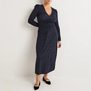 Boden Blue Black Floral Print Ruched Jersey Midi Dress Long Sleeve Size 6 Petite